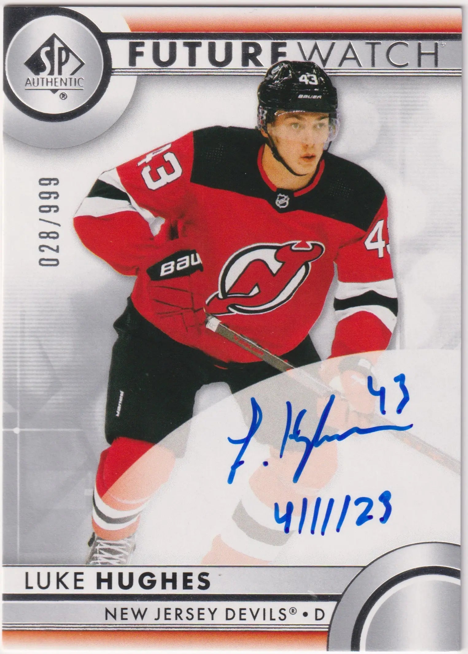 2023-24 UD SP Authentic Future Watch Rookie Autograph Luke Hughes Auto /999 RC 