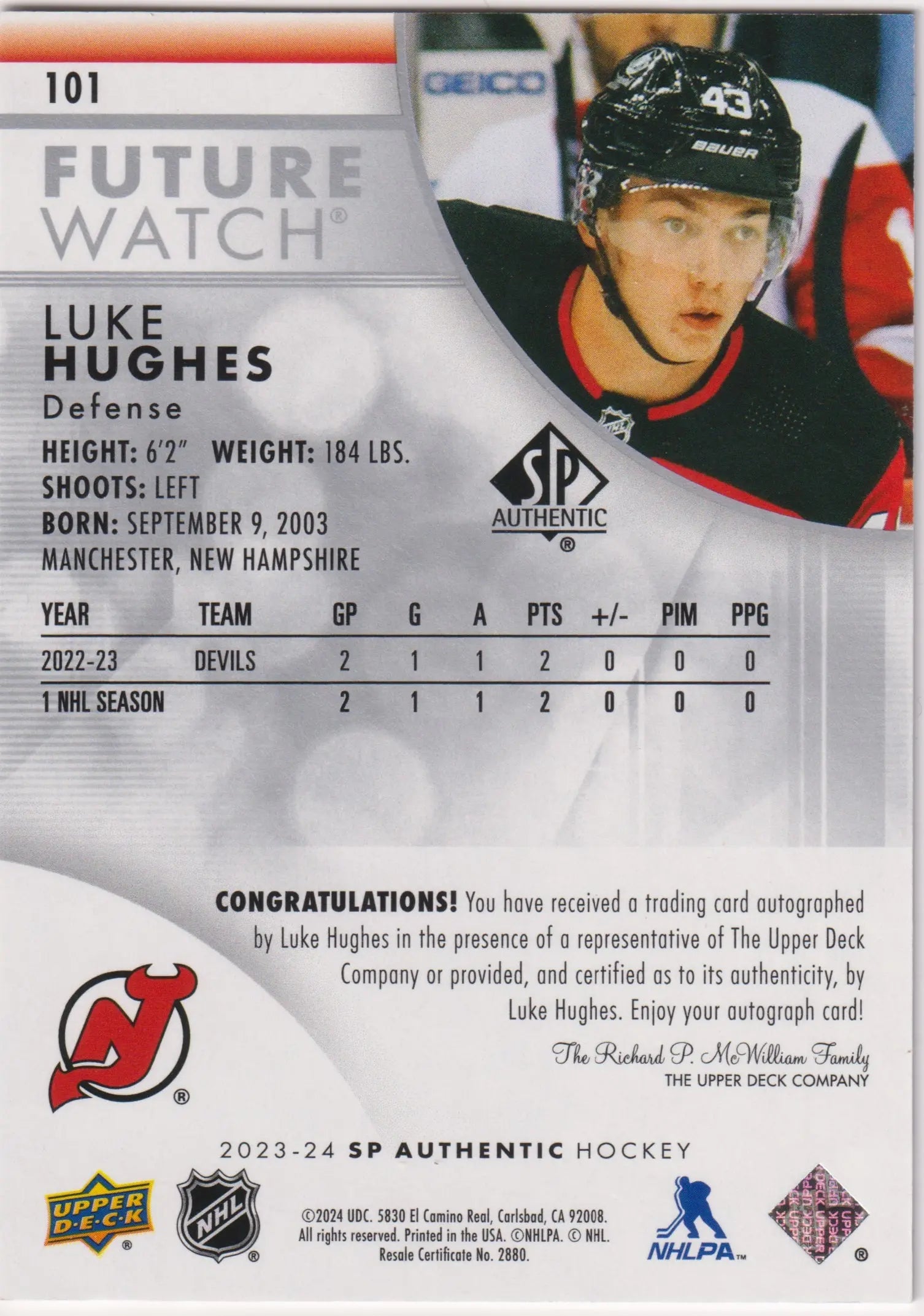 2023-24 UD SP Authentic Future Watch Rookie Autograph Luke Hughes Auto /999 RC 