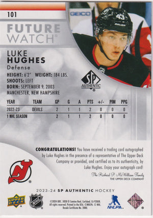 2023-24 UD SP Authentic Future Watch Rookie Autograph Luke Hughes Auto /999 RC 