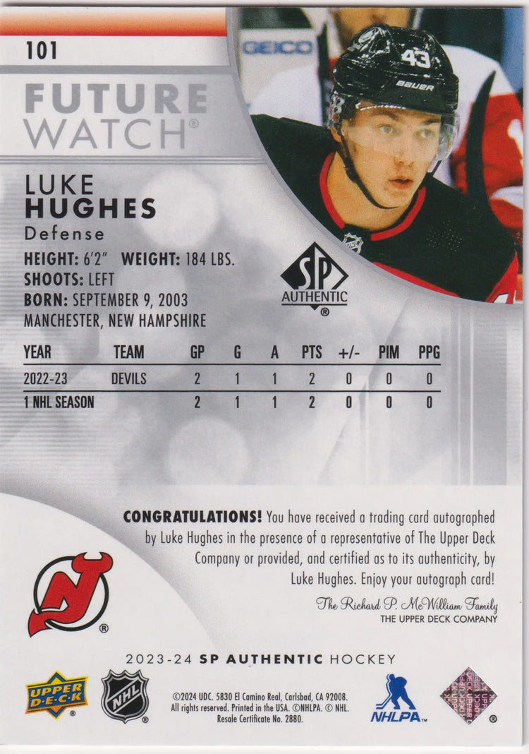 2023-24 UD SP Authentic Future Watch Rookie Autograph Luke Hughes Auto /999 RC 