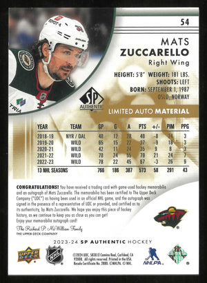 2023-24 UD SP Authentic Limited Auto Material Mats Zuccarello Autograph Patch /100 