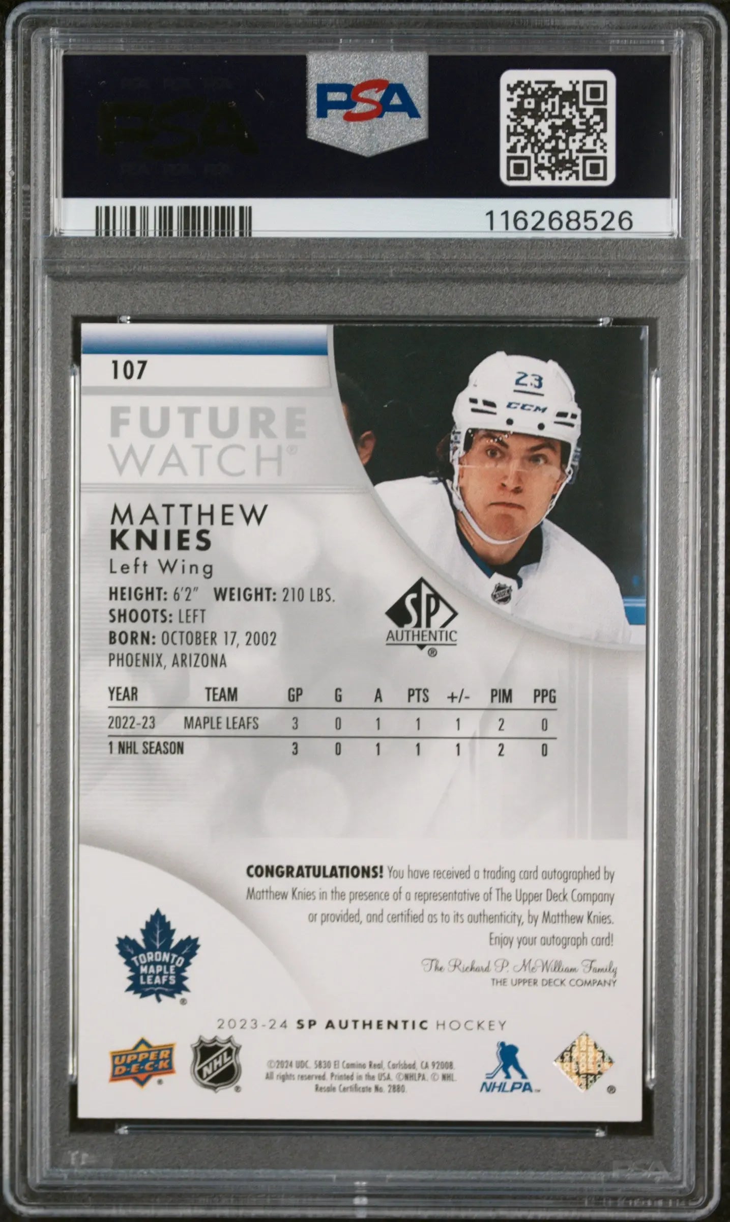 2023-24 UD SP Authentic Matthew Knies RC Future Watch Auto /999 PSA 9 