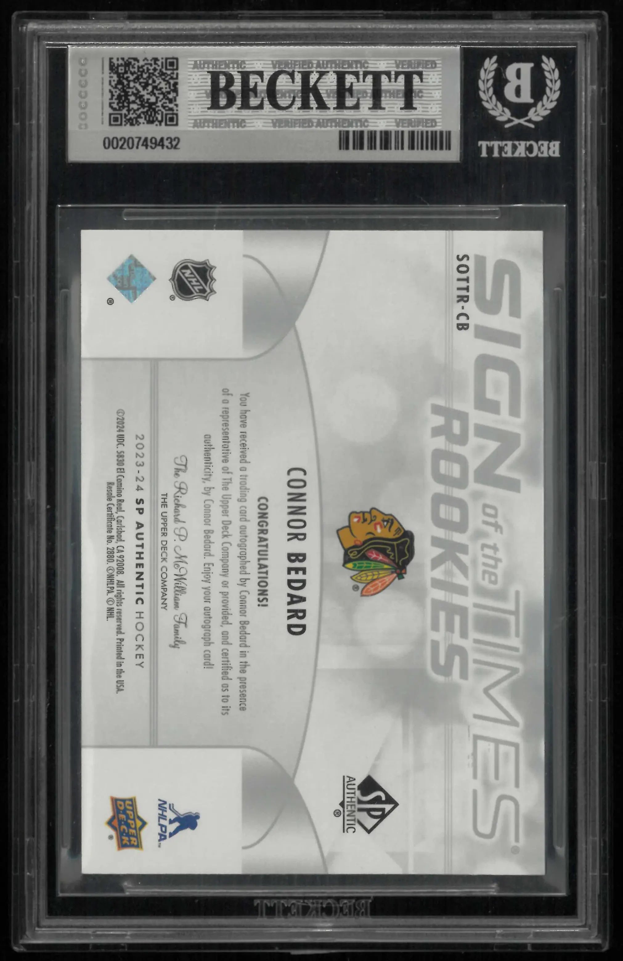 2023-24 UD SP Authentic Sign of the Times Rookies Auto Connor Bedard  BGS 8.5 