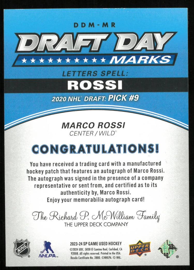 2023-24 UD SP Game Used Marco Rossi Draft Day Marks Auto "Letter S" /35 