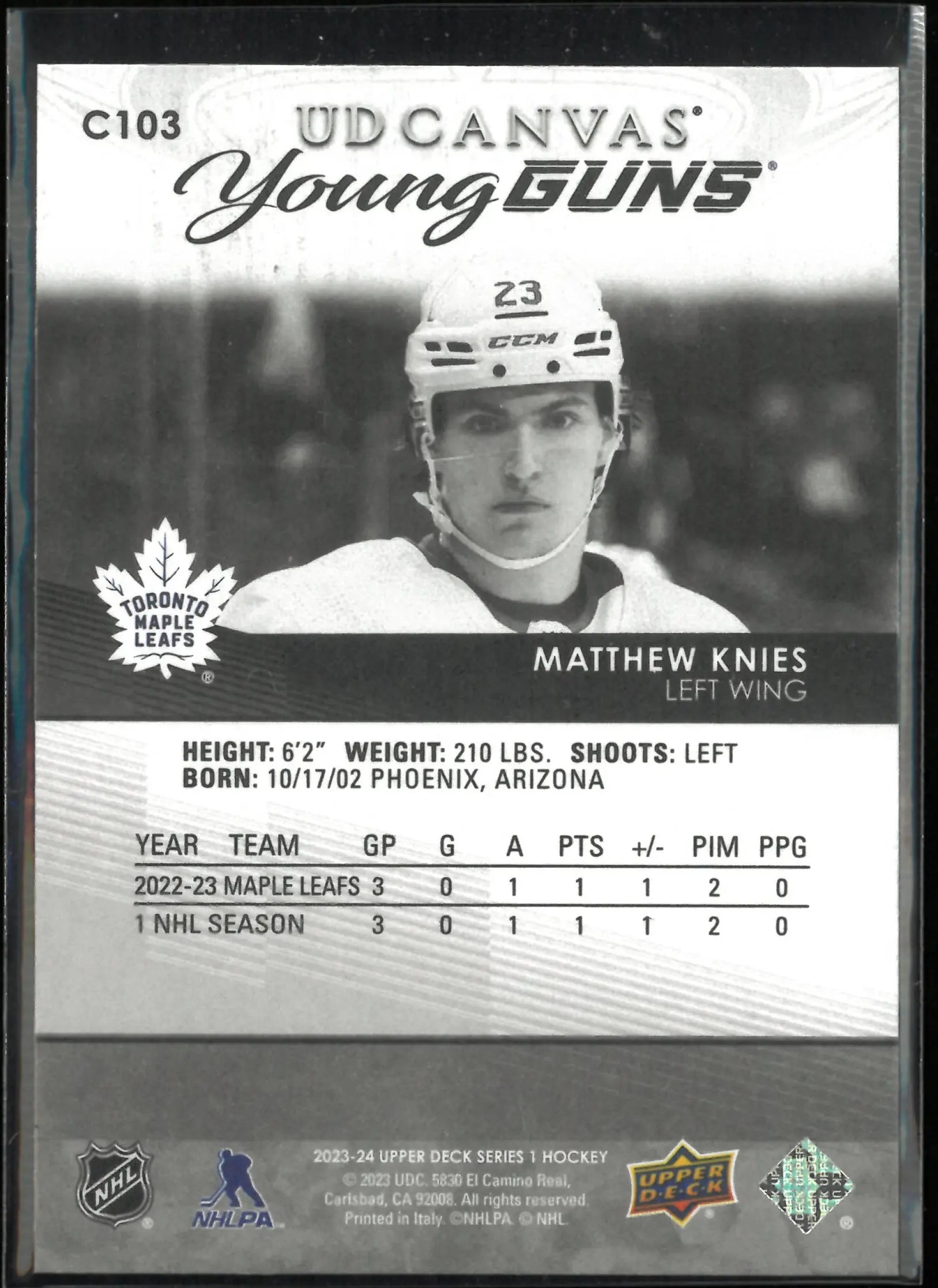 2023-24 UD Series 1 Canvas Young Guns Rookies Matthew Knies RC Black & White 