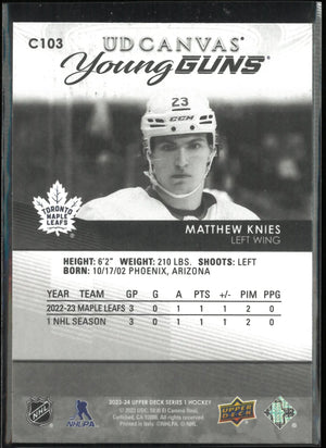 2023-24 UD Series 1 Canvas Young Guns Rookies Matthew Knies RC Black & White 