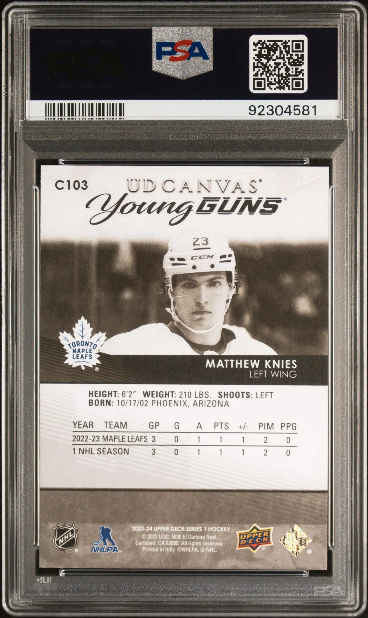 2023-24 UD Series 1 UD Canvas Young Guns Black & White Matthew Knies PSA 10 