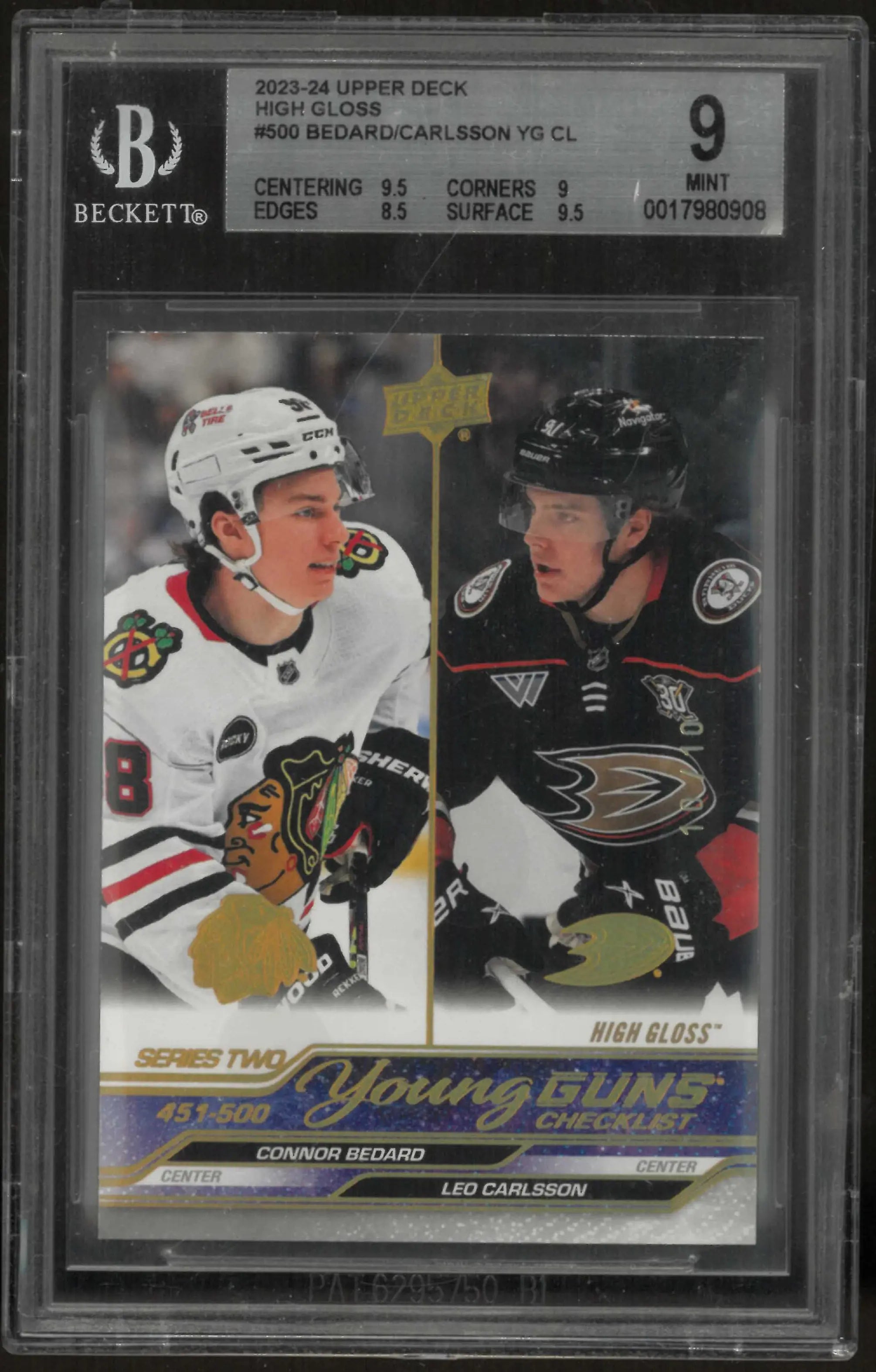 2023-24 UD Series 2 Bedard Carlsson High Gloss Young Guns Check List /10 BGS 9.0 