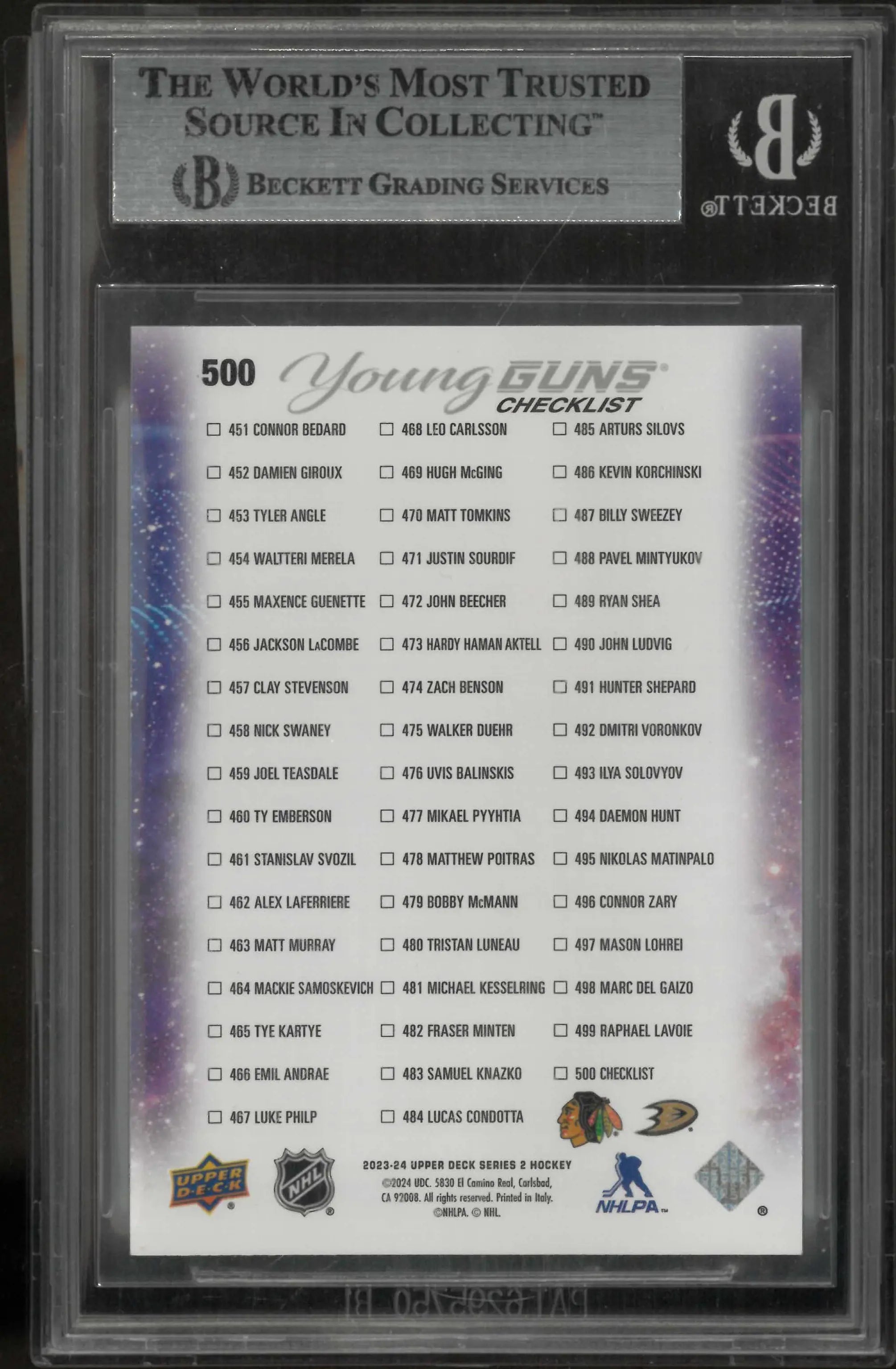 2023-24 UD Series 2 Bedard Carlsson High Gloss Young Guns Check List /10 BGS 9.0 