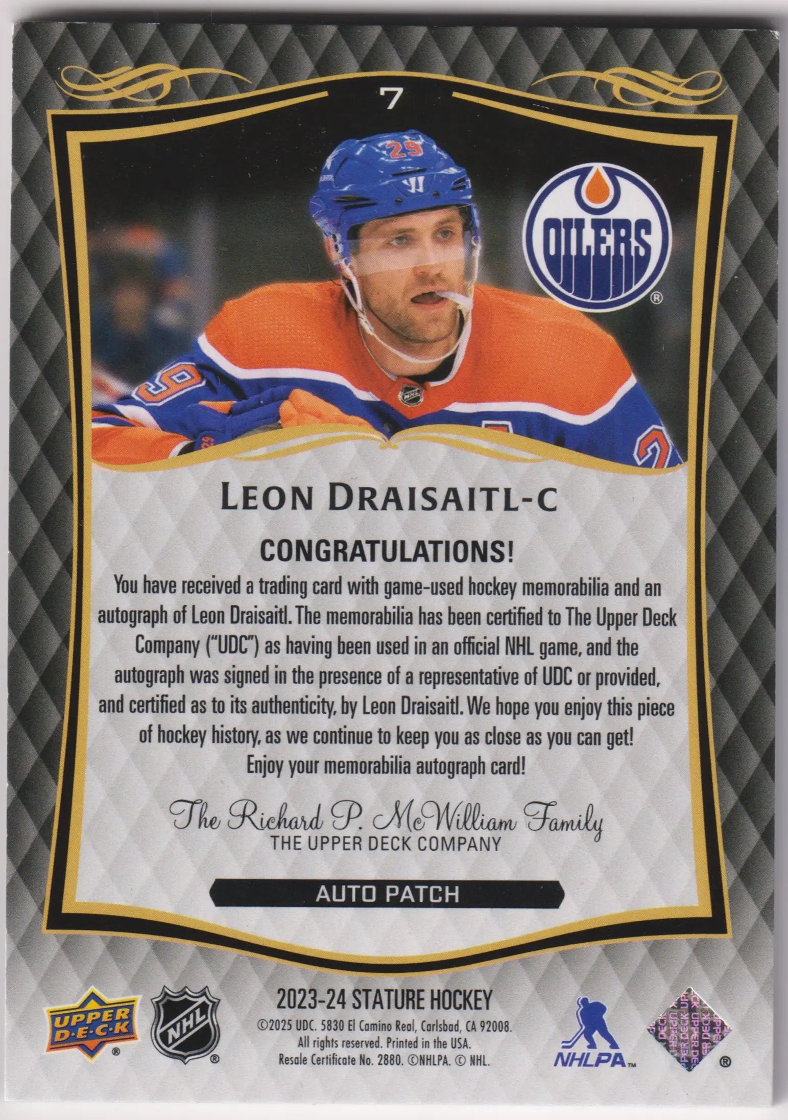 2023-24 UD Stature Autograph Patch Leon Draisaitl Auto /49 
