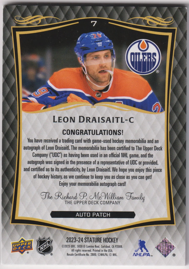 2023-24 UD Stature Autograph Patch Leon Draisaitl Auto /49 