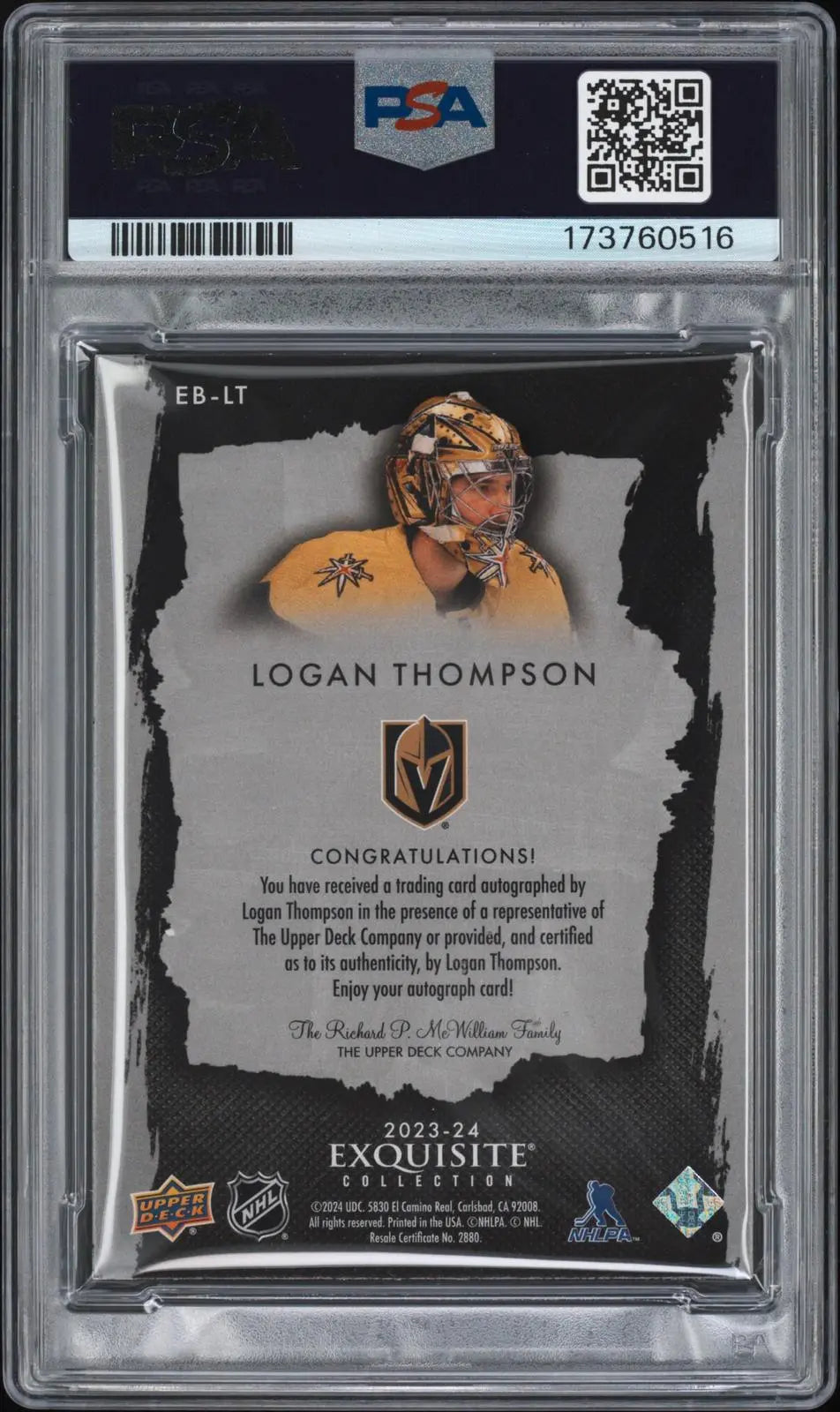 2023-24 UD The Cup Exquisite Coll. Logan Thompson Black & Gold Auto 5/5 PSA 6 