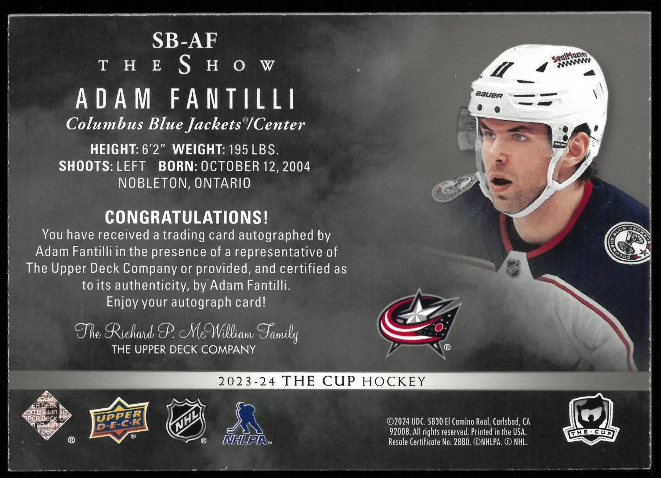 2023-24 UD The Cup Hockey Adam Fantilli RC Rookie The Show Auto 