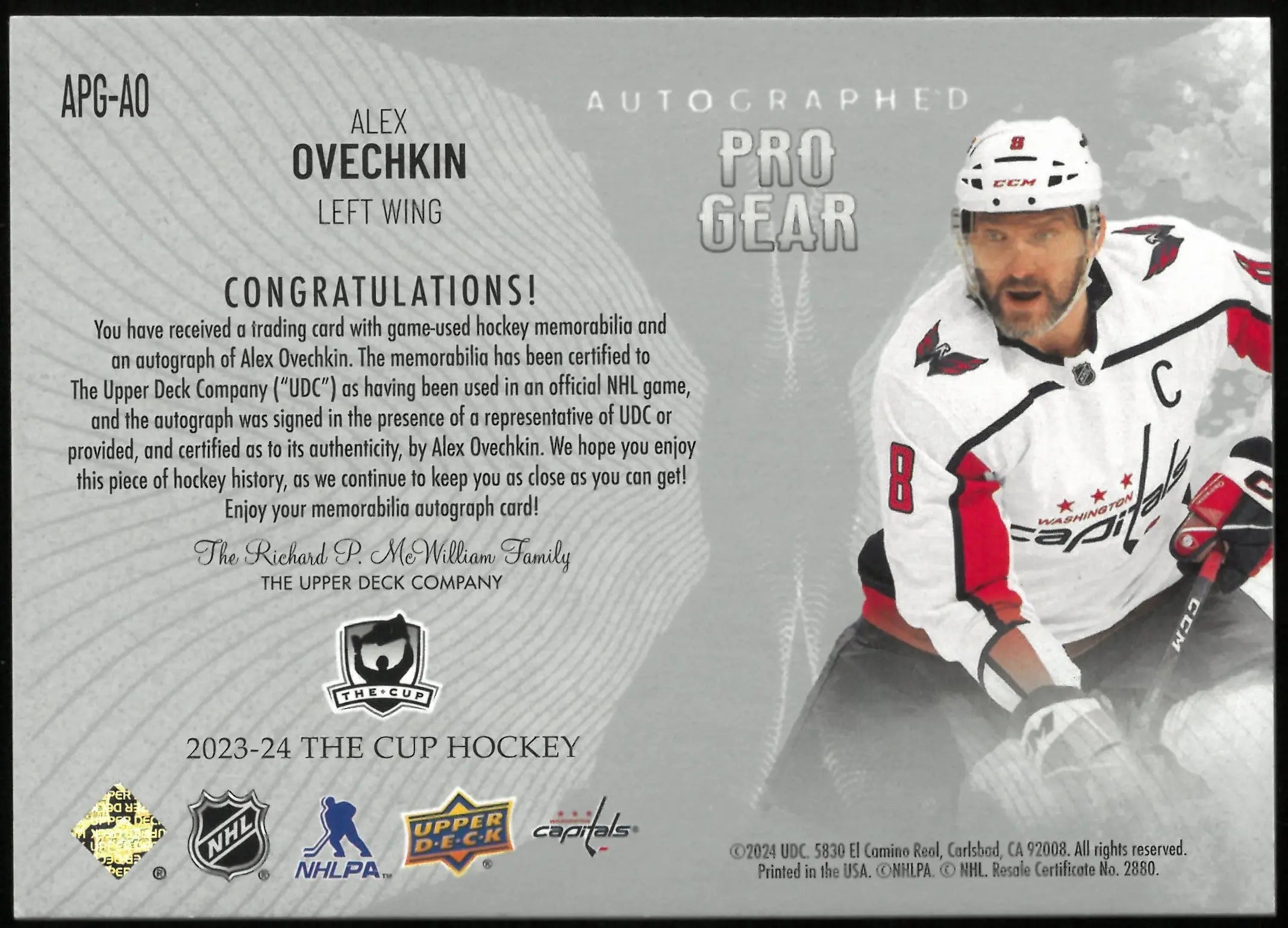 2023-24 UD The Cup Hockey Alex Ovechkin Dual Pro Gear Patch Auto /12 