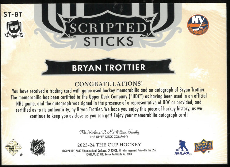 2023-24 UD The Cup Hockey Bryan Trottier Scripted Sticks Auto /15 