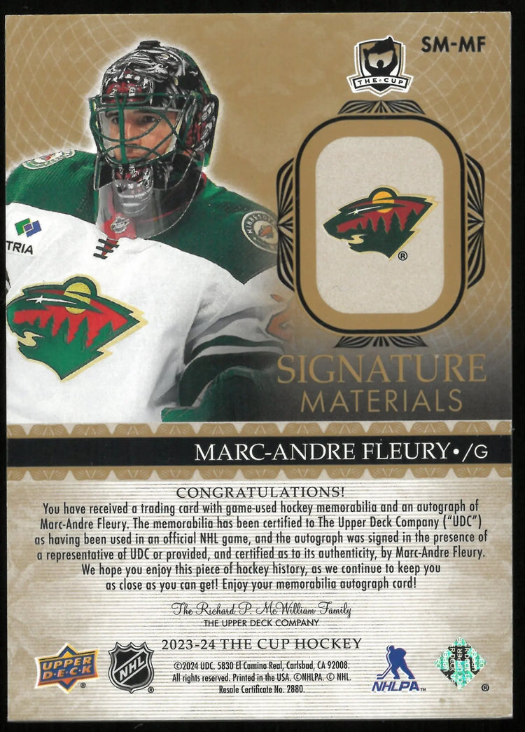 2023-24 UD The Cup Hockey Marc-Andre Fleury Signature Materials Auto /25 