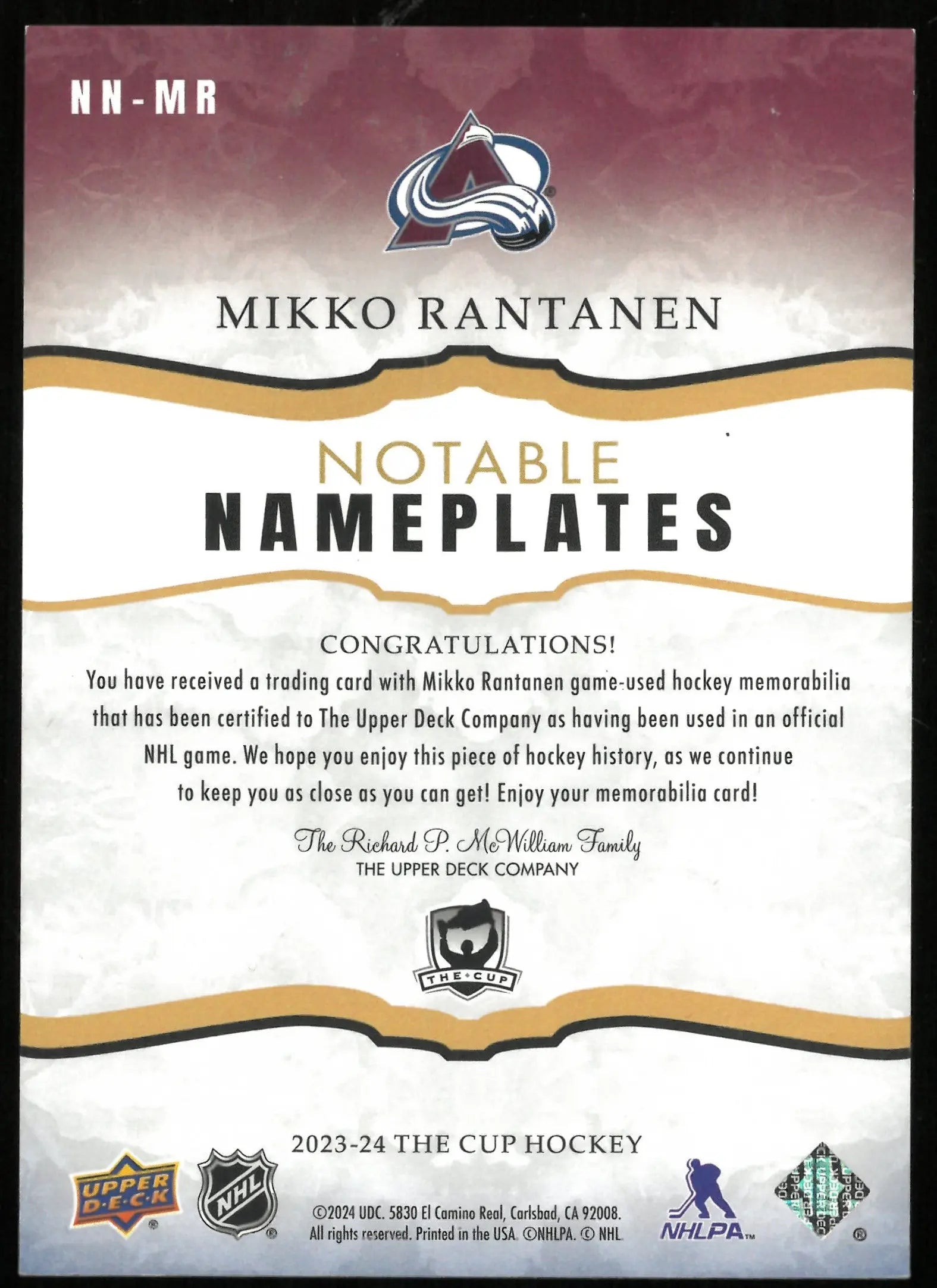 2023-24 UD The Cup Hockey Mikko Rantanen Notable Nameplates Patch  /8 