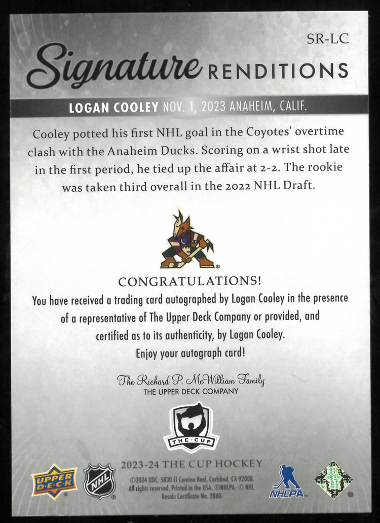 2023-24 UD The Cup Logan Cooley RC Rookie Auto Renditions 