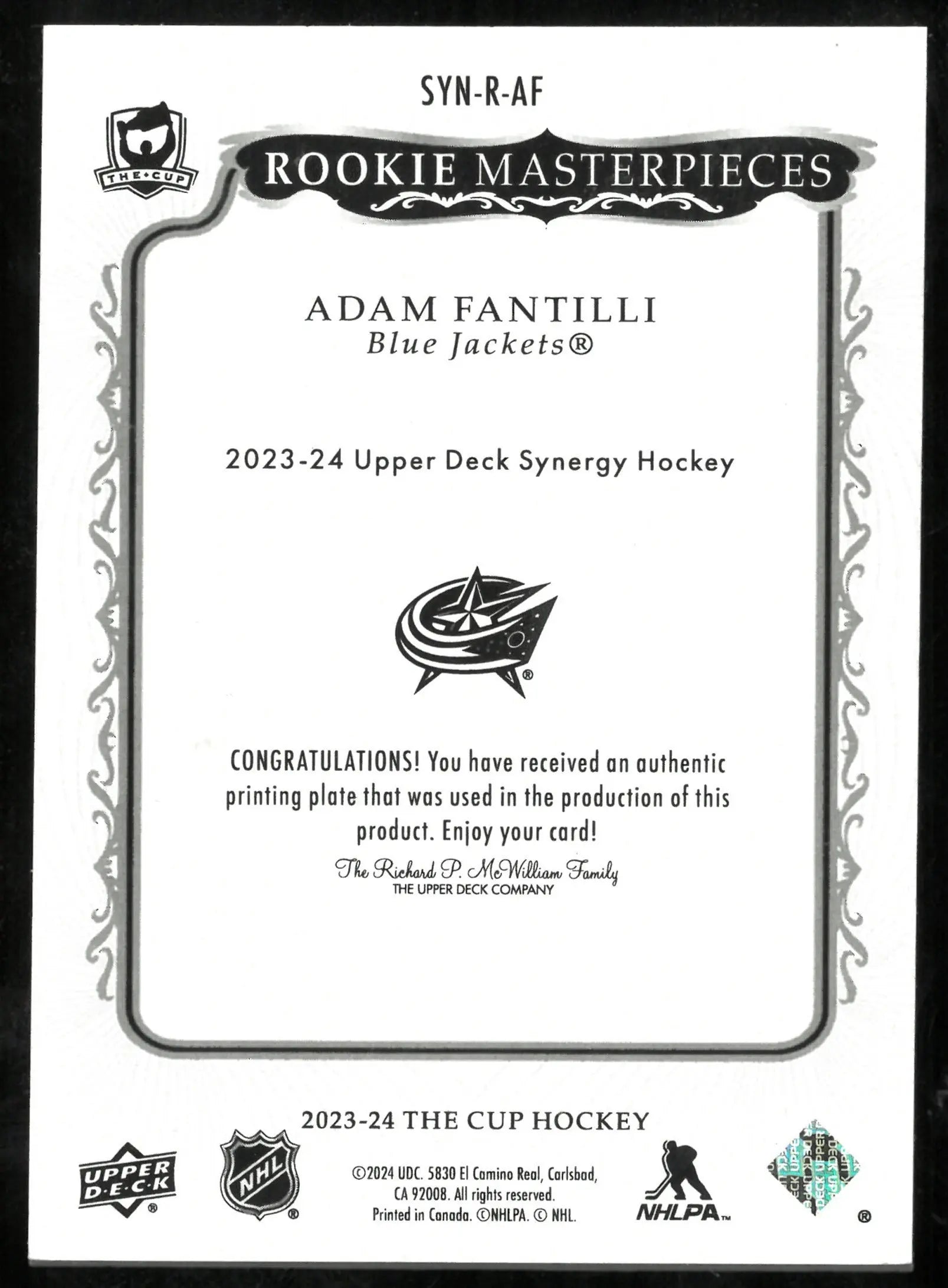 2023-24 UD The Cup Rookie Masterpieces Yellow Printing Plate Adam Fantilli 1/1 /1 
