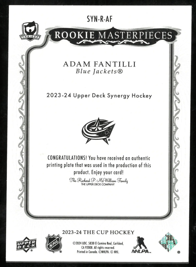 2023-24 UD The Cup Rookie Masterpieces Yellow Printing Plate Adam Fantilli 1/1 /1 