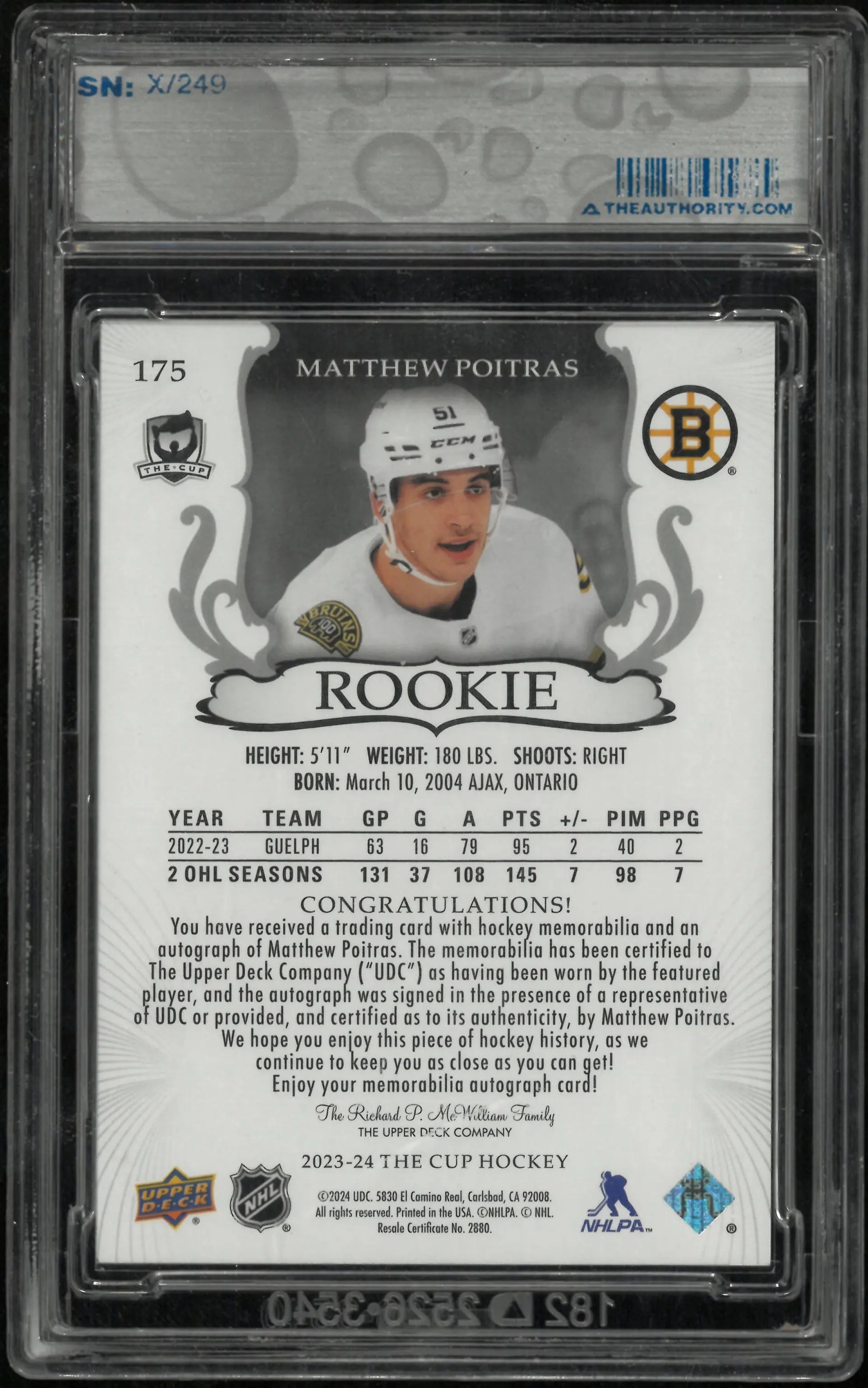 2023-24 UD The Cup Rookie Patch Auto Matthew Poitras /249 