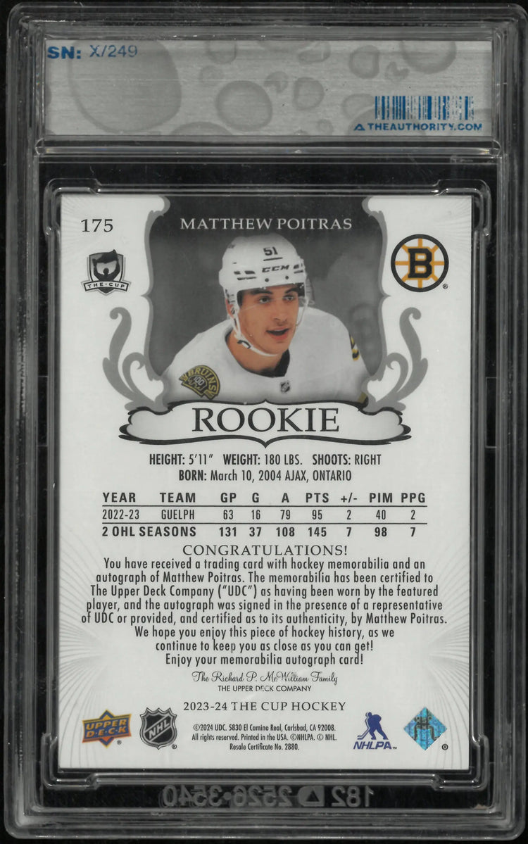 2023-24 UD The Cup Rookie Patch Auto Matthew Poitras /249 