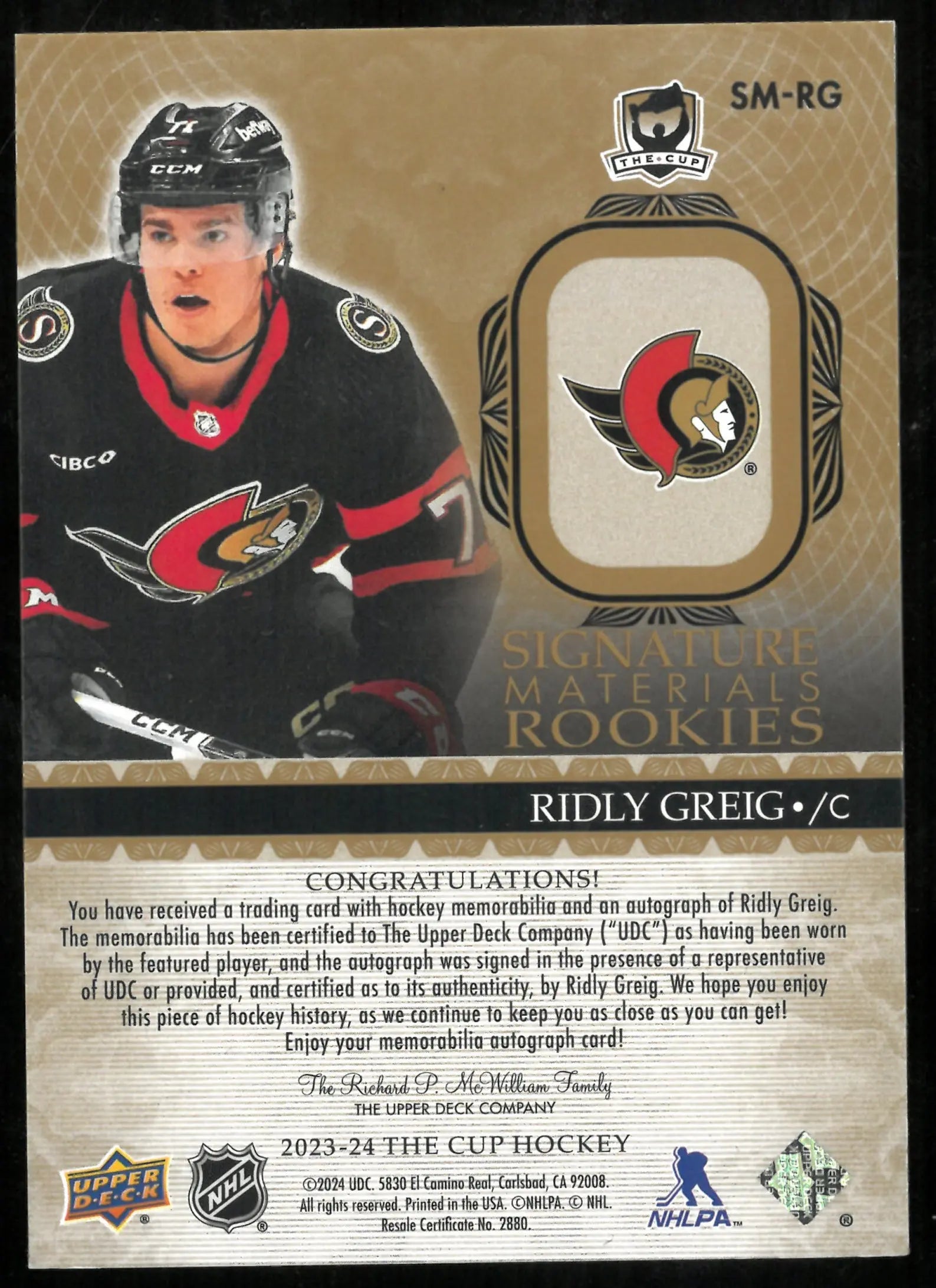 2023-24 UD The Cup Signature Materials Rookie Patch Auto Ridly Greig /99 