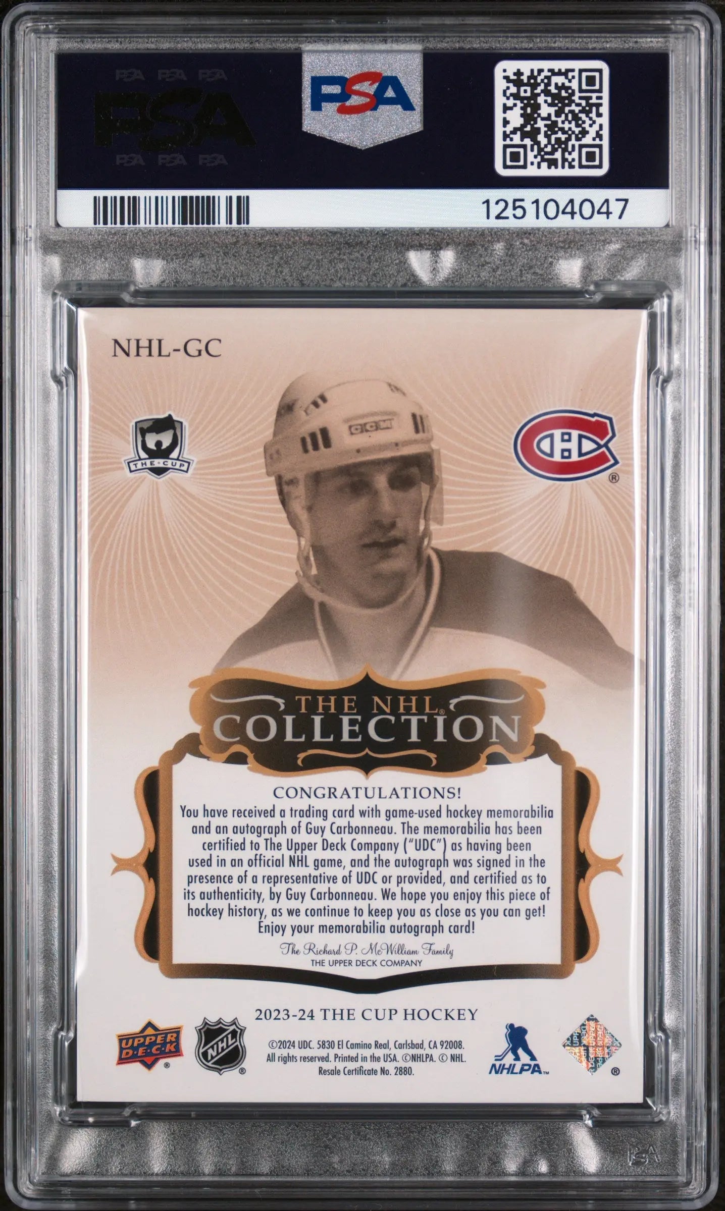 2023-24 UD The Cup The NHL Col. Autograph Auto Patch Guy Carbonneau  /25 PSA 10 