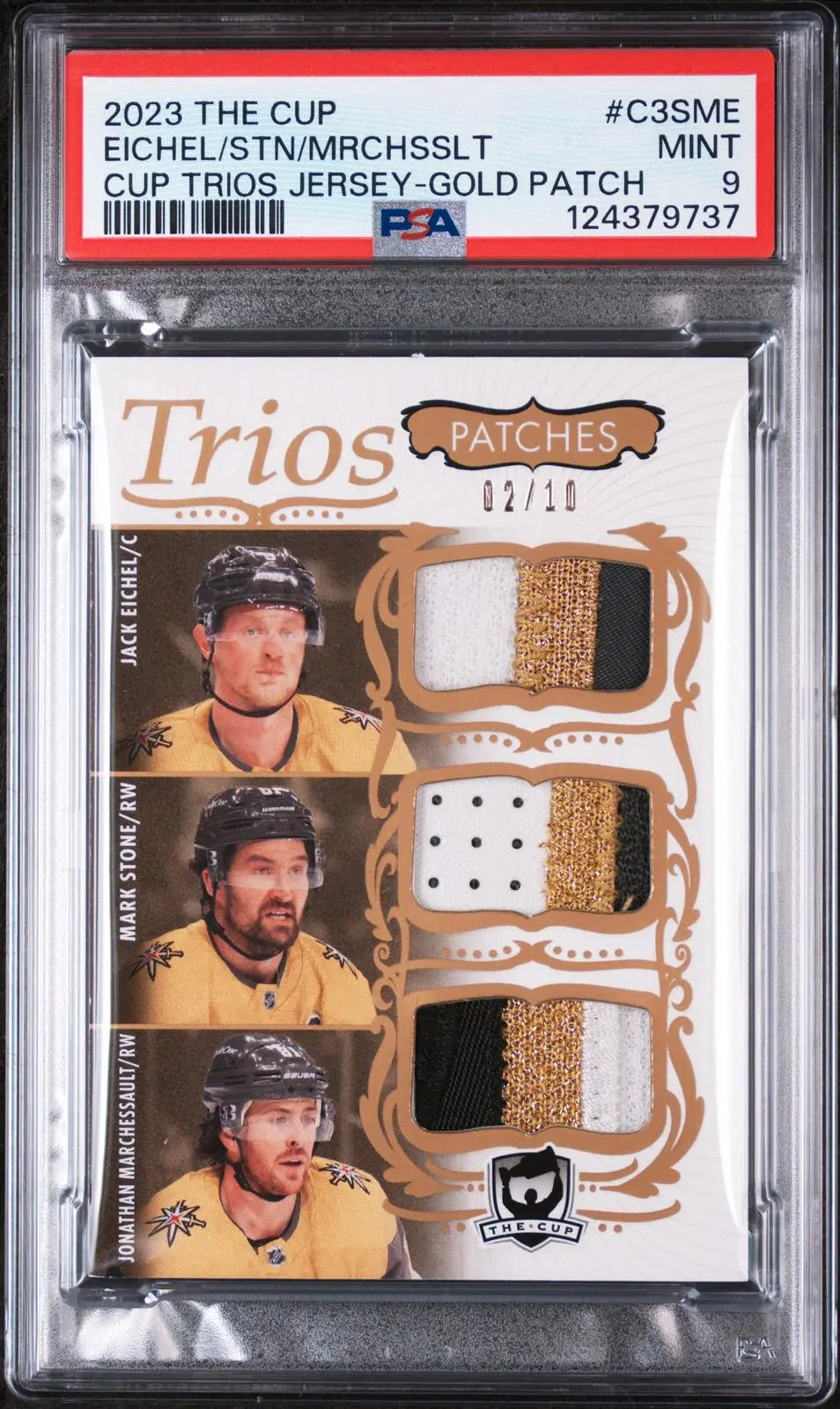 2023-24 UD The Cup Trios Patches Eichel/Stone/Marchessault Gold /10 PSA 9 