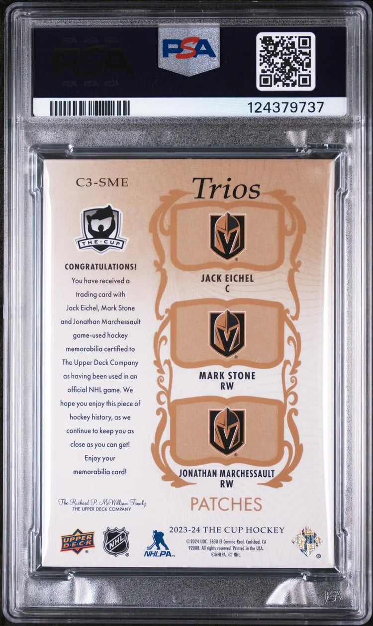 2023-24 UD The Cup Trios Patches Eichel/Stone/Marchessault Gold /10 PSA 9 