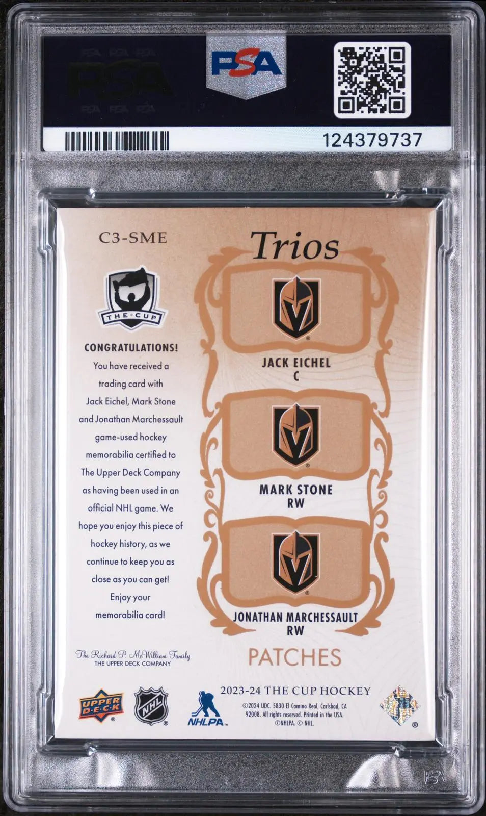 2023-24 UD The Cup Trios Patches Eichel/Stone/Marchessault Gold /10 PSA 9 