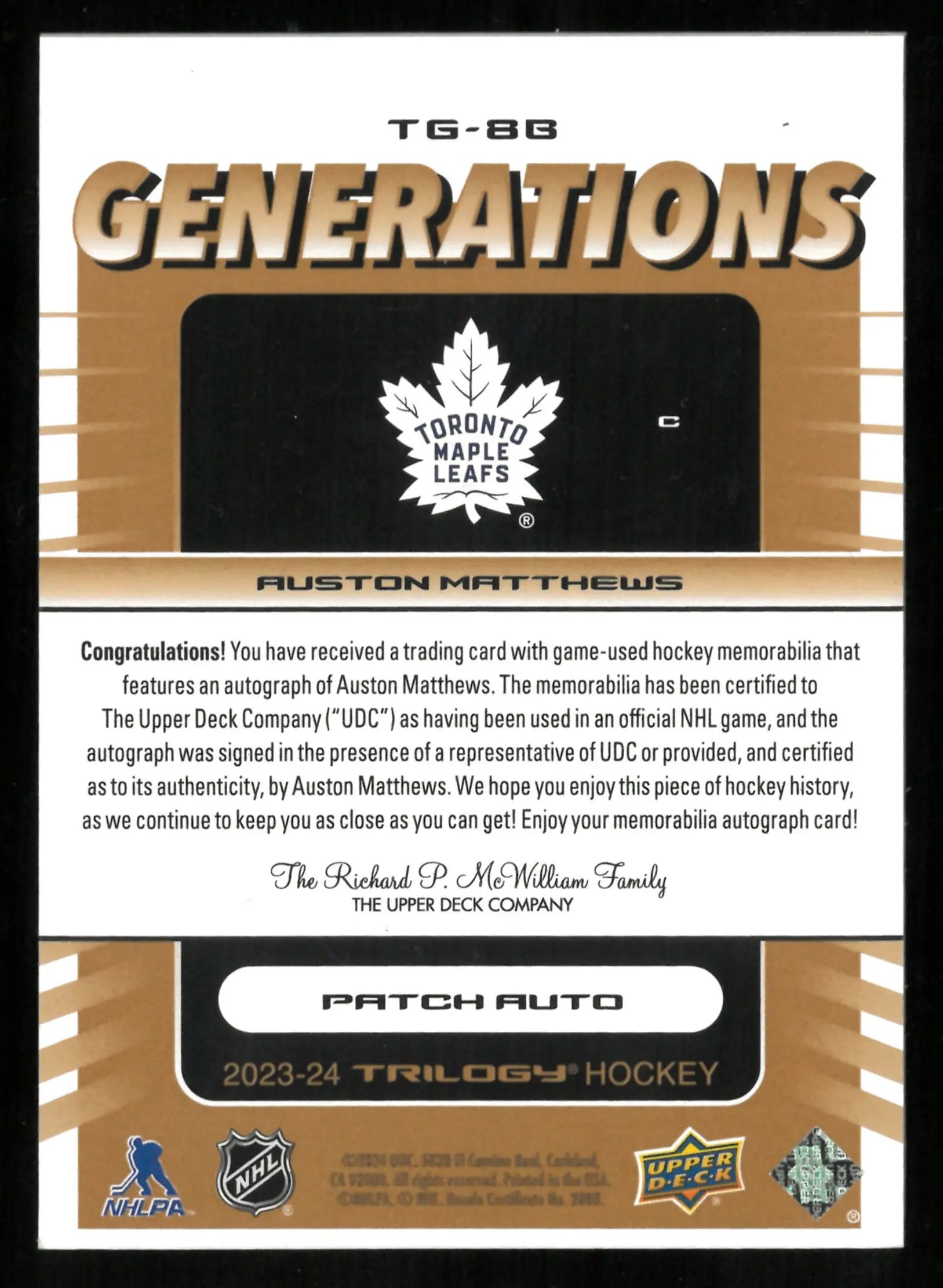 2023-24 UD Trilogy Auston Matthews Generations Patch Auto /10 