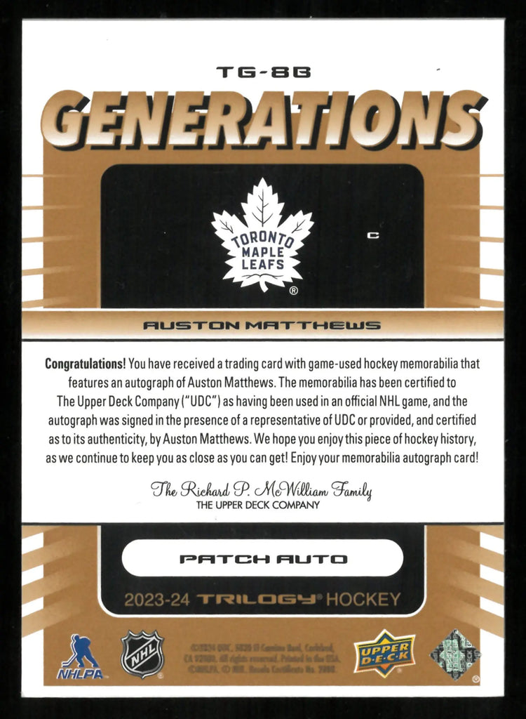 2023-24 UD Trilogy Auston Matthews Generations Patch Auto /10 