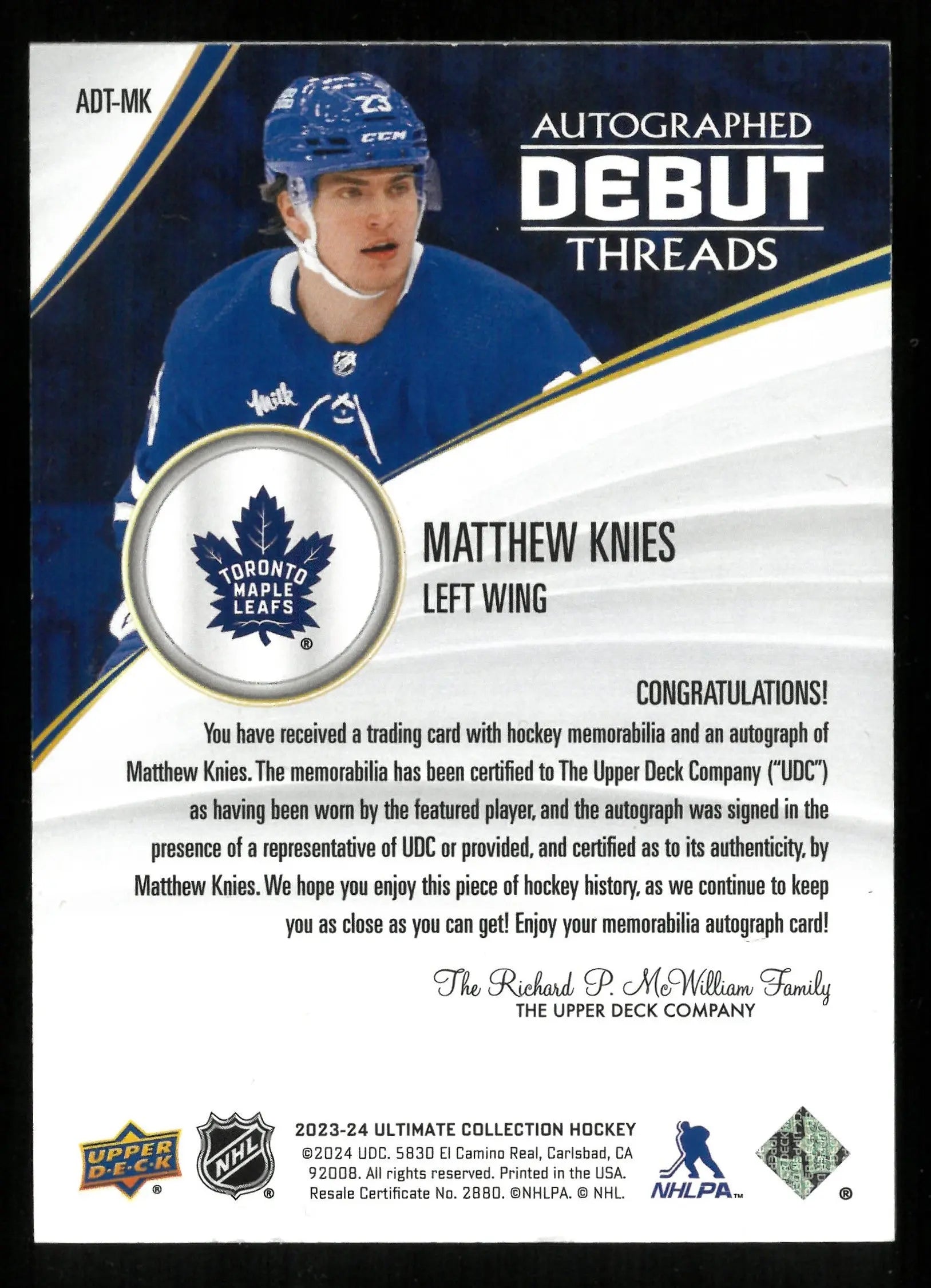 2023-24 UD Ultimate Collection Matthew Knies RC Debut Threads Gold Auto /49 