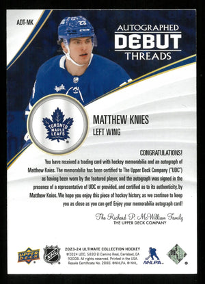 2023-24 UD Ultimate Collection Matthew Knies RC Debut Threads Gold Auto /49 