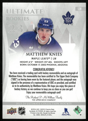 2023-24 UD Ultimate Hockey Matthew Knies RC Rookie Patch Auto /15 