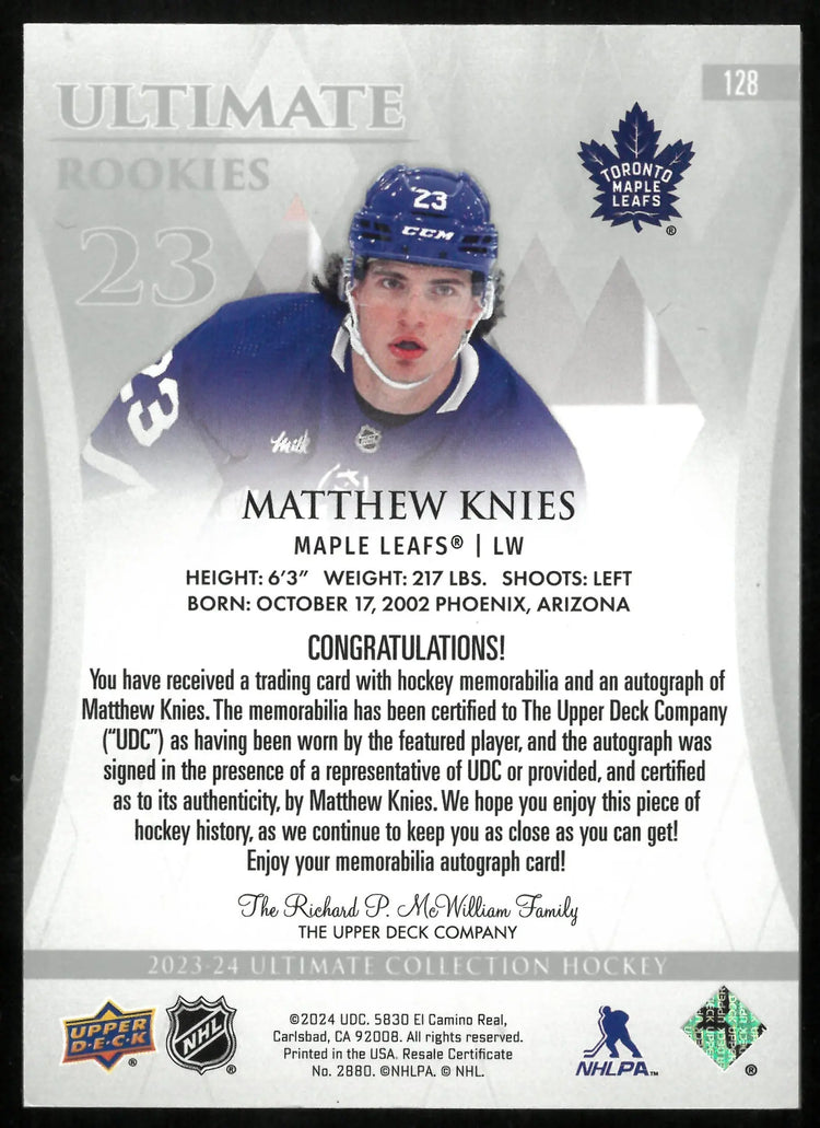 2023-24 UD Ultimate Hockey Matthew Knies RC Rookie Patch Auto /15 