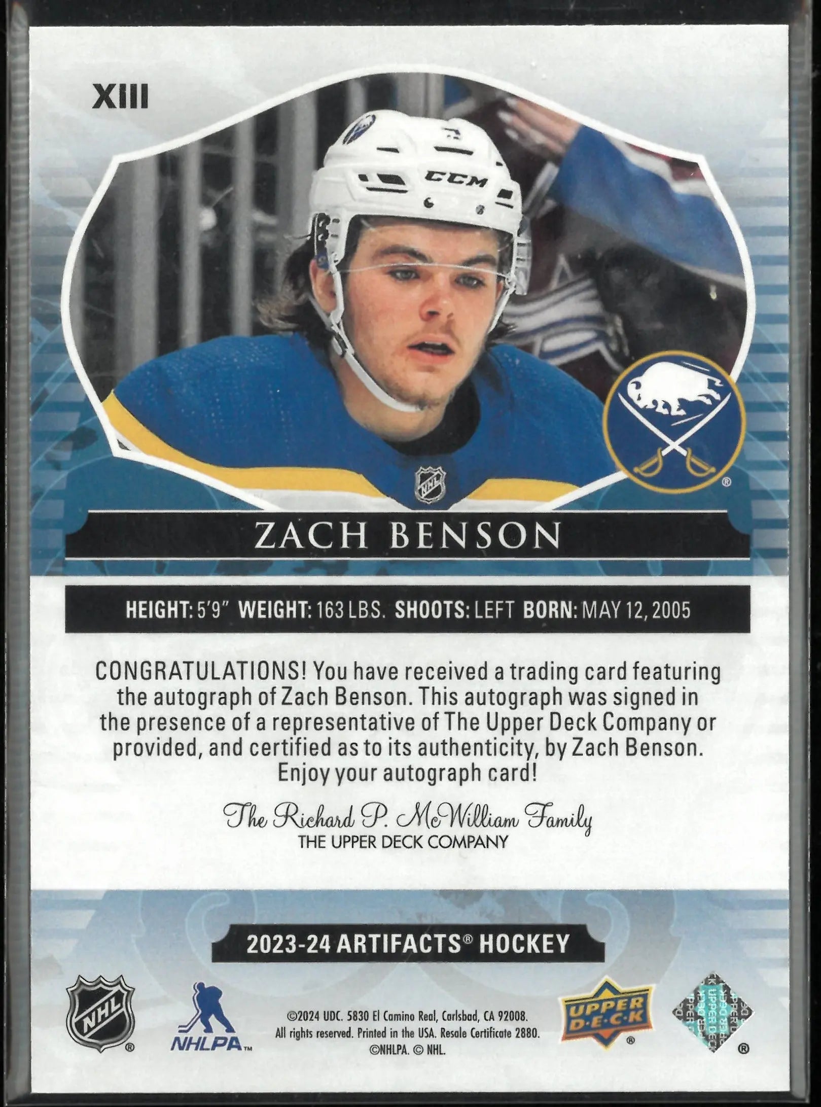 2023-24 Upper Deck Artifacts Hockey Auto Zach Benson 