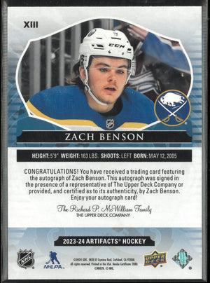 2023-24 Upper Deck Artifacts Hockey Auto Zach Benson 