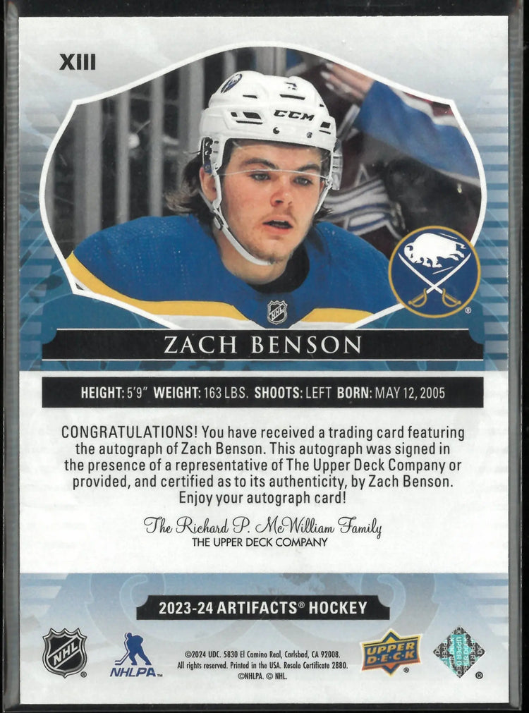 2023-24 Upper Deck Artifacts Hockey Auto Zach Benson 
