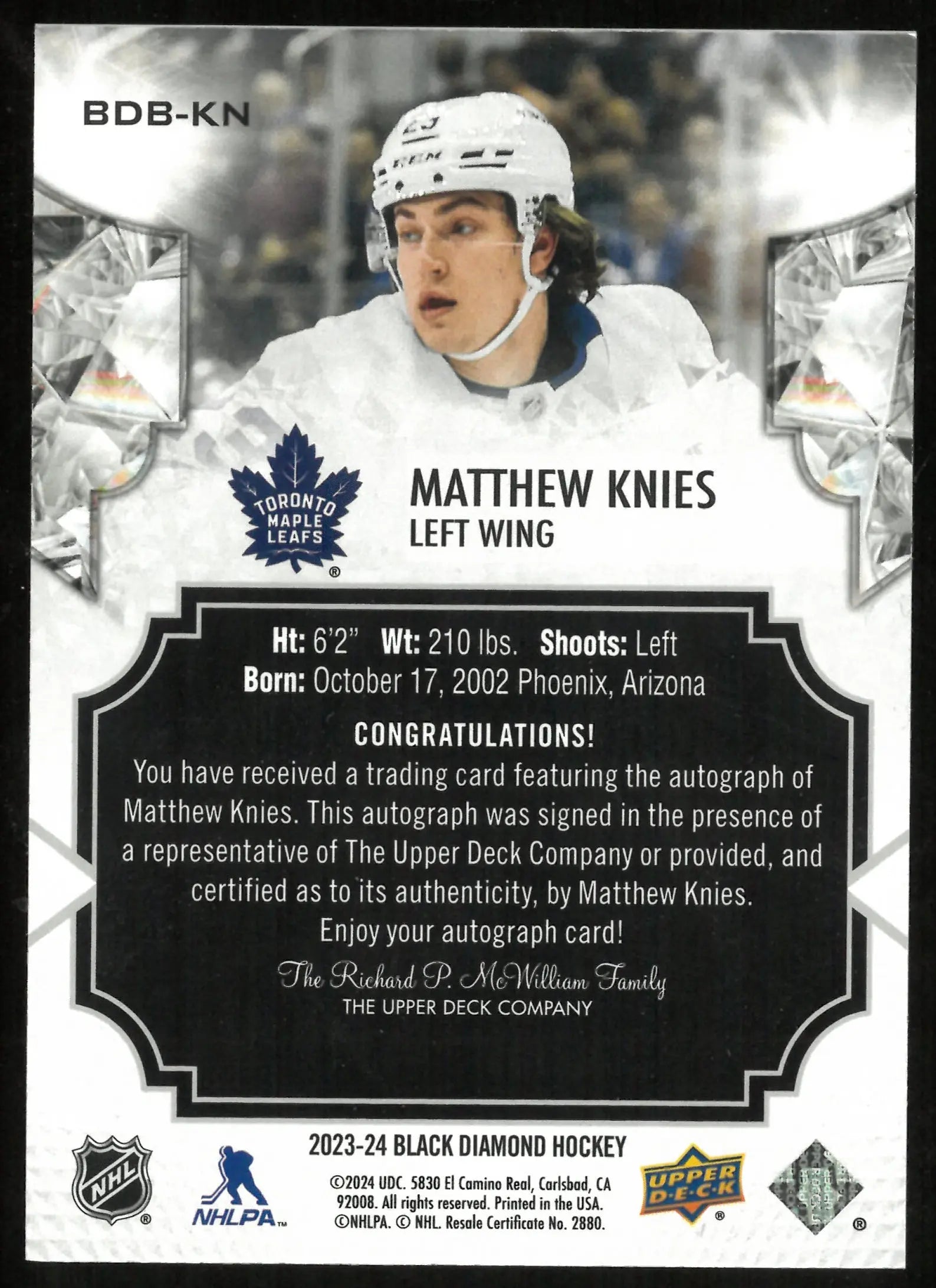 2023-24 Upper Deck Black Diamond Gold Auto Matthew Knies /49 