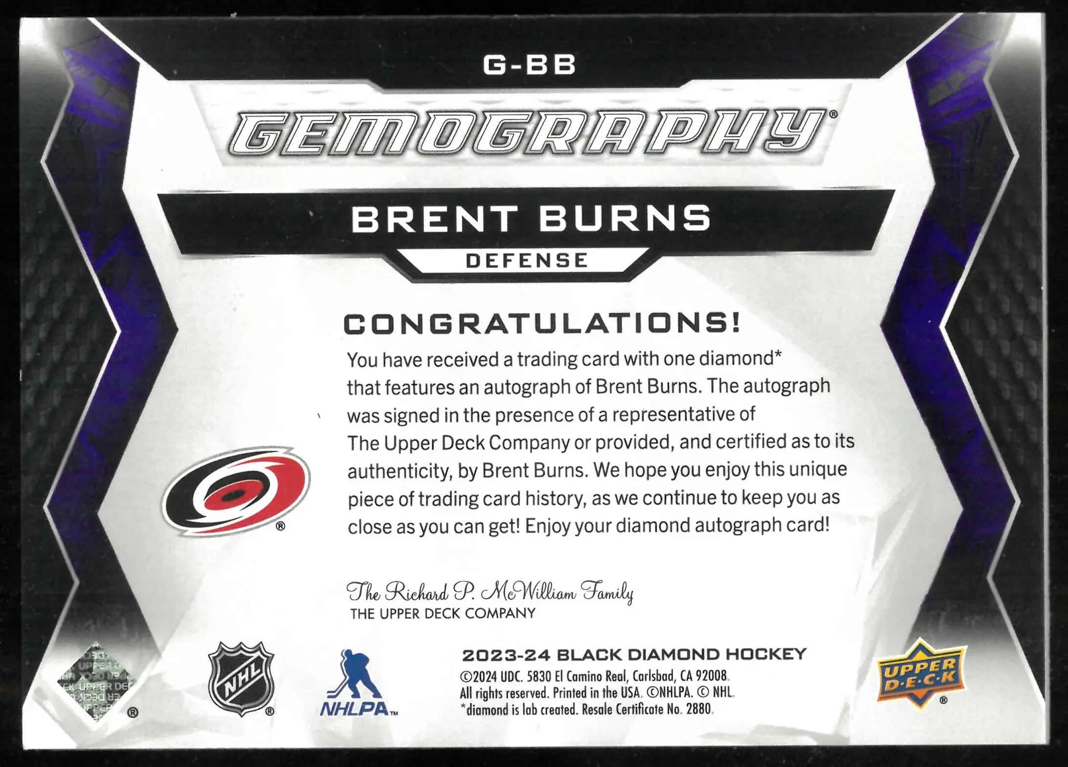 2023-24 Upper Deck Black Diamond Purple Gemography Brent Burns /10 