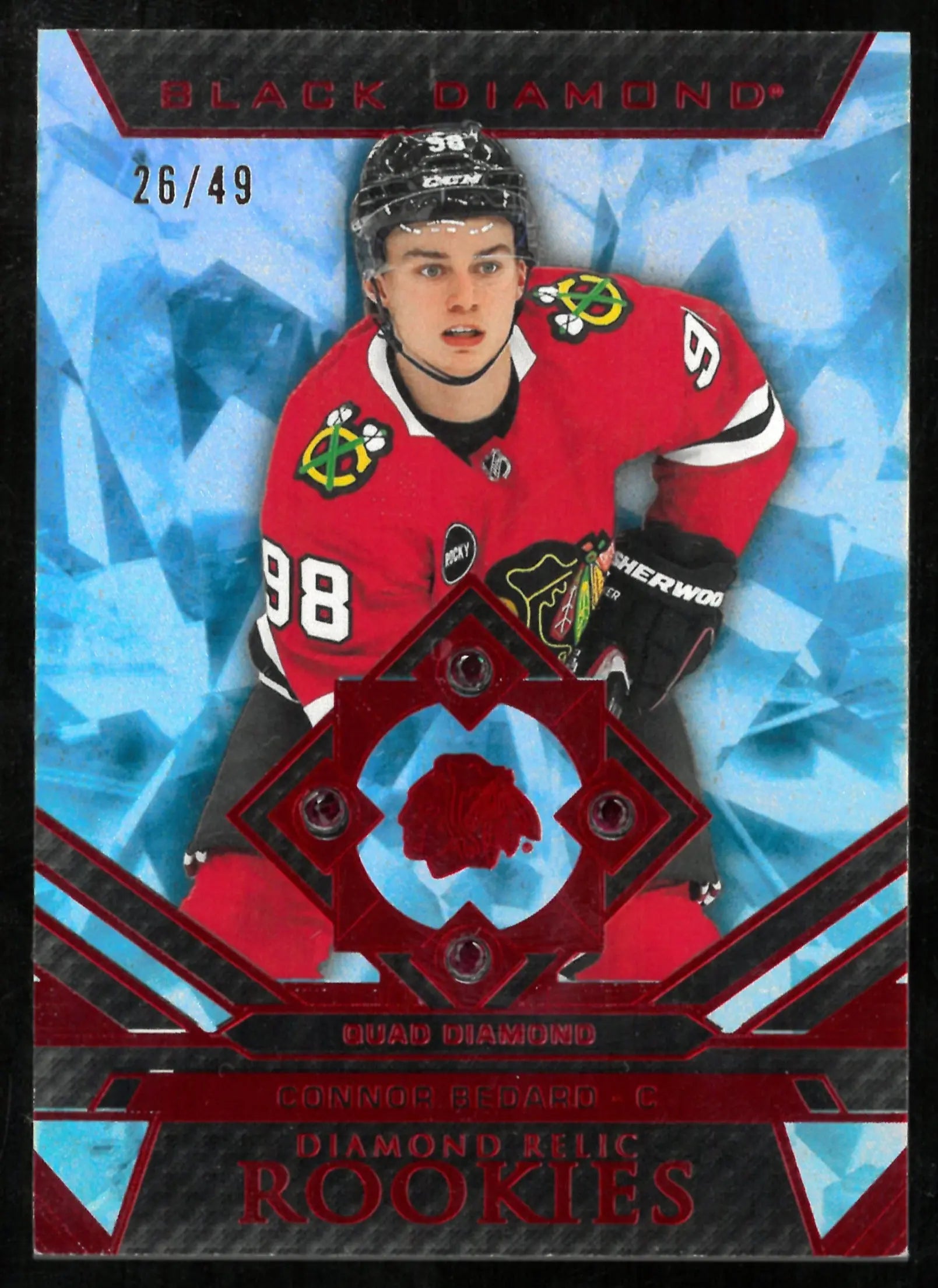 2023-24 Upper Deck Black Diamond Red Quad Diamond Relic Rookies Connor Bedard /49 