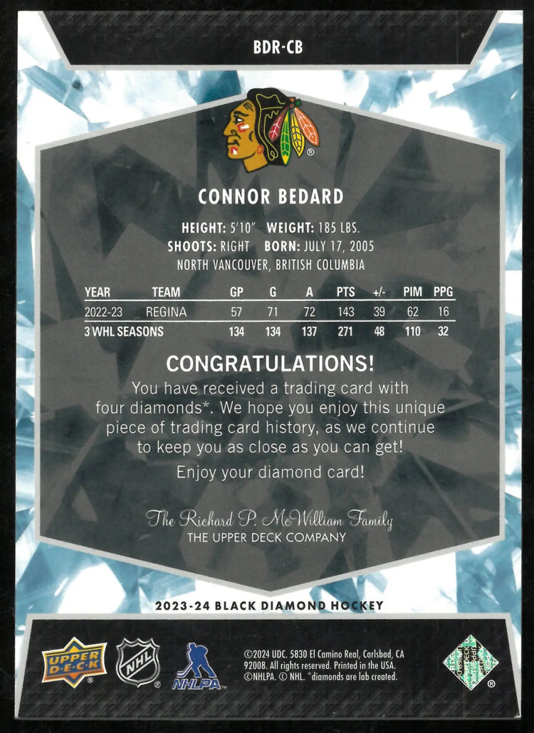 2023-24 Upper Deck Black Diamond Red Quad Diamond Relic Rookies Connor Bedard /49 