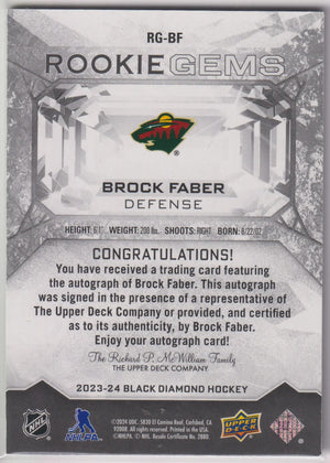 2023-24 Upper Deck Black Diamond Rookie Gems Autograph Brock Faber Auto /99 RC 