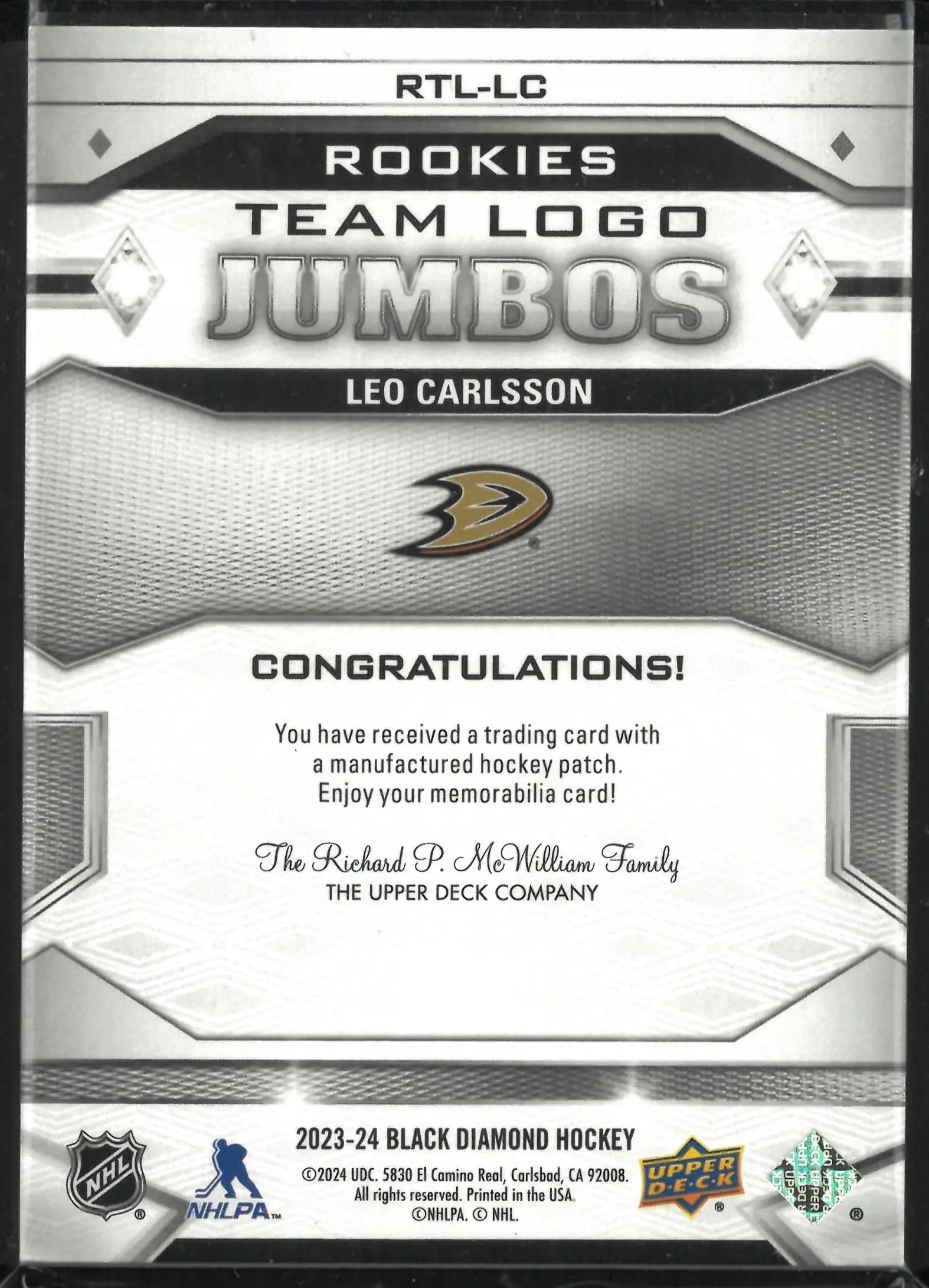2023-24 Upper Deck Black Diamond Rookie Team Logo Jumbos Leo Carlsson RC 