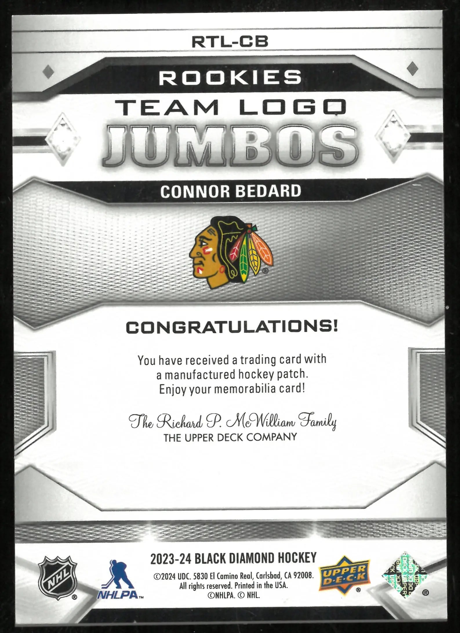 2023-24 Upper Deck Black Diamond Rookie Team Logo Jumbos Patch Connor Bedard 