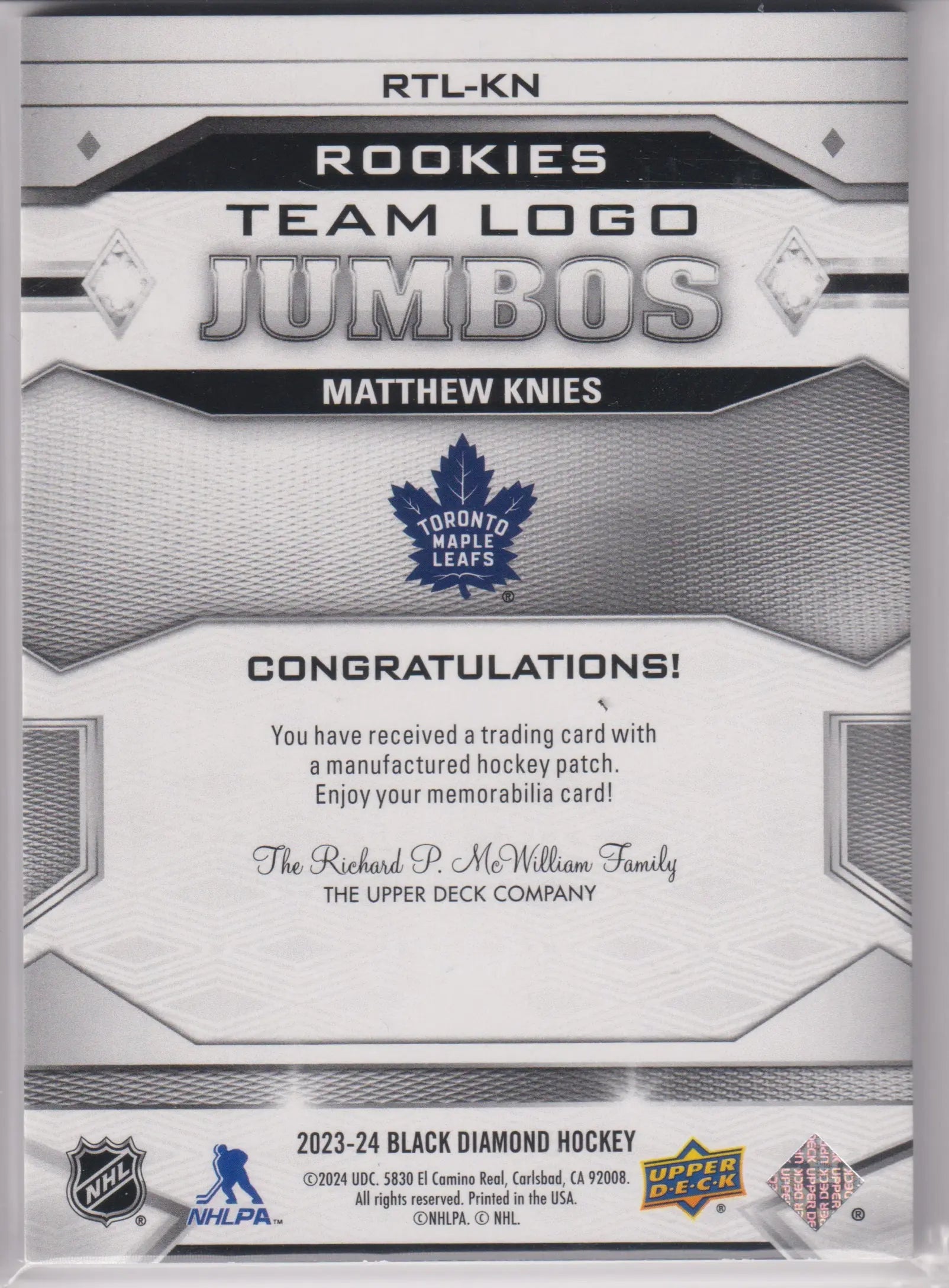 2023-24 Upper Deck Black Diamond Team Logo Jumbos Patch Rookie Matthew Knies RC 