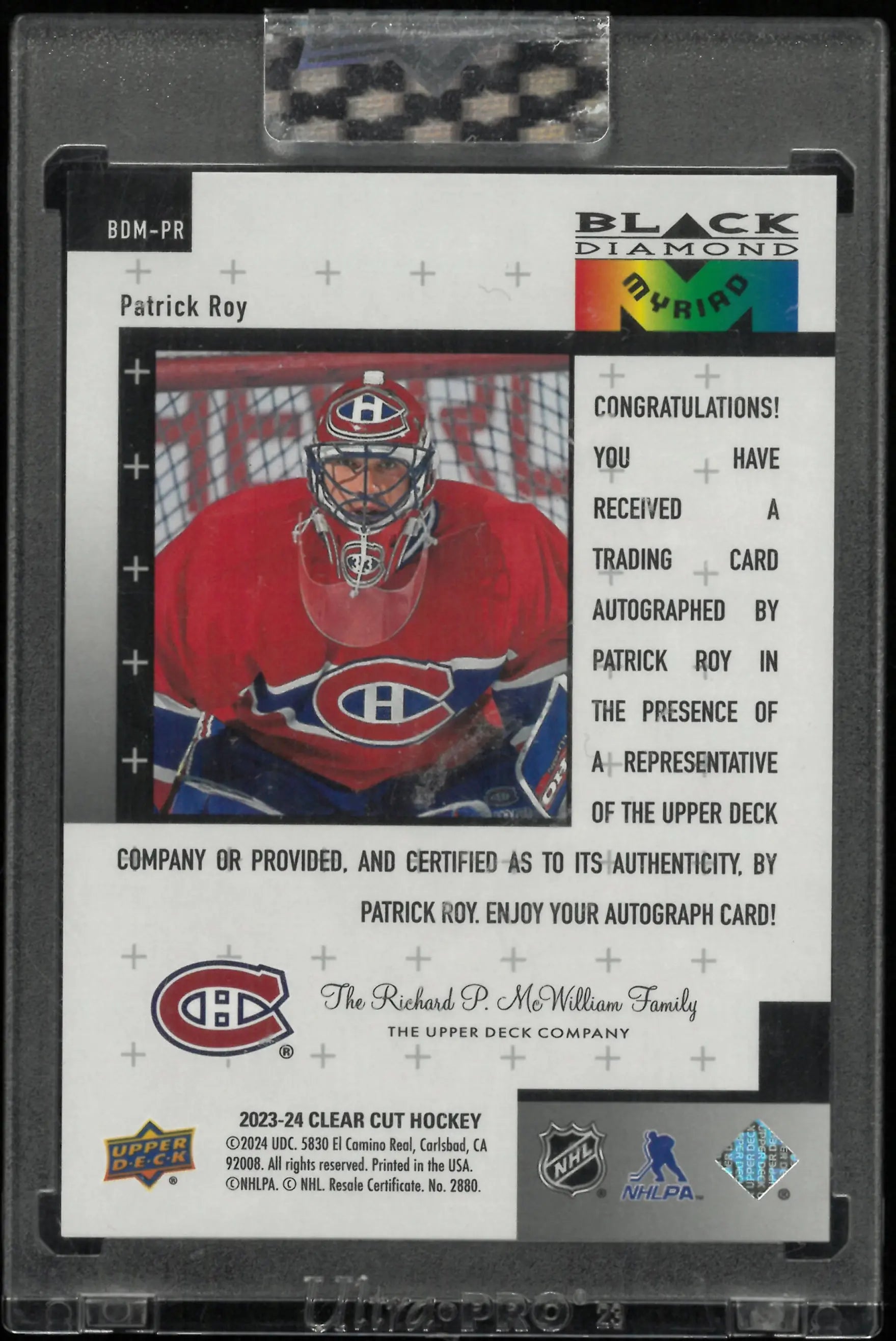 2023-24 Upper Deck Clear Cut Black Diamond Myriad Patrick Roy Autograph Auto /25 