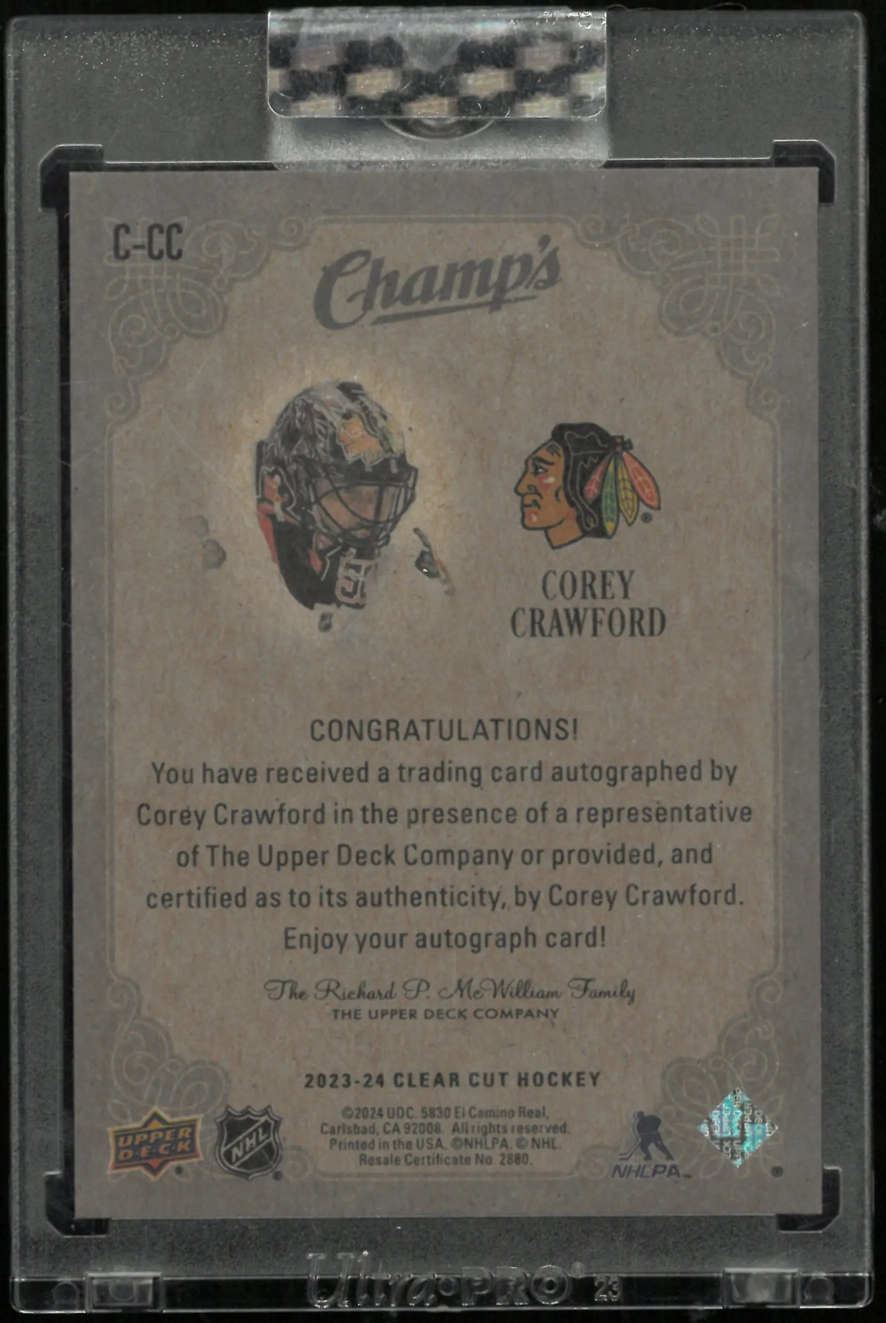 2023-24 Upper Deck Clear Cut Champ's Autograph Corey Crawford Auto 